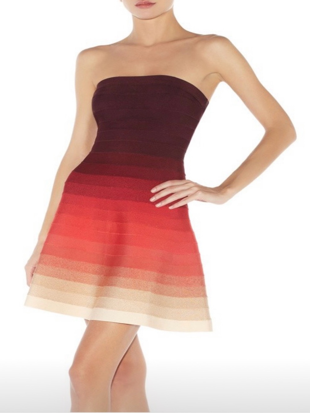 Herve Leger Strapless Ombre Bandage Dress in Burgundy, Red and Cream